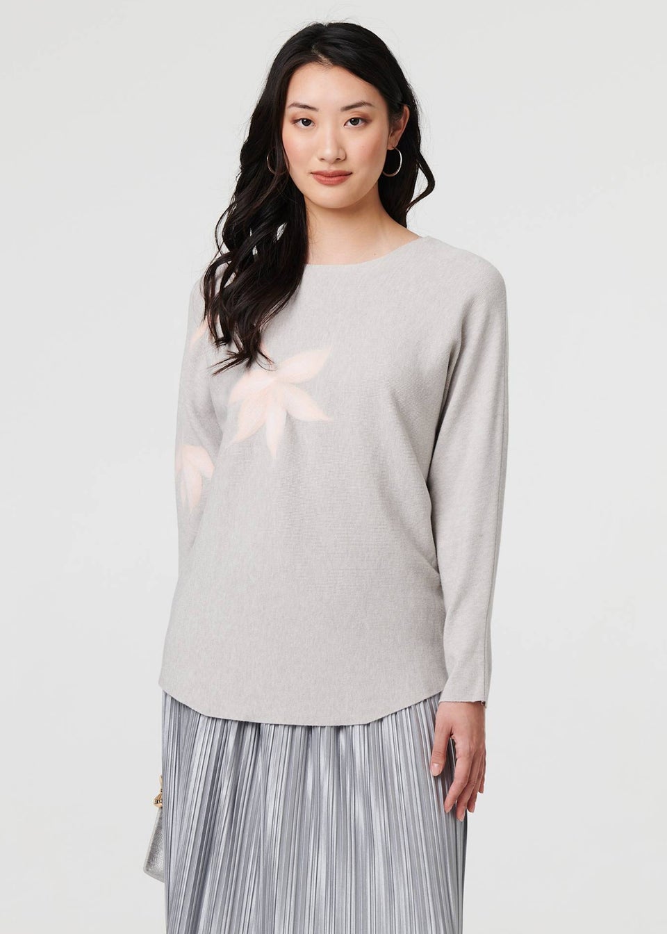 Izabel London Grey Floral Long Batwing Sleeve Relaxed Top