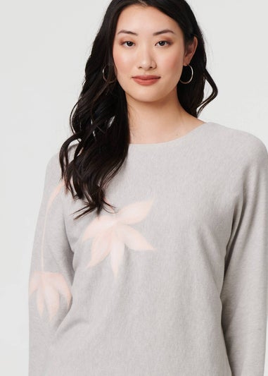 Izabel London Grey Floral Long Batwing Sleeve Relaxed Top