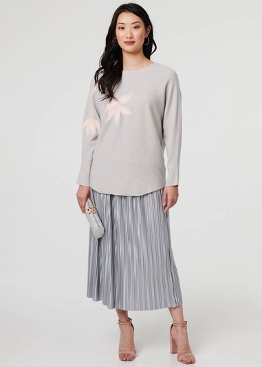 Izabel London Grey Floral Long Batwing Sleeve Relaxed Top