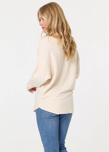 Izabel London Beige Floral Long Batwing Sleeve Relaxed Top