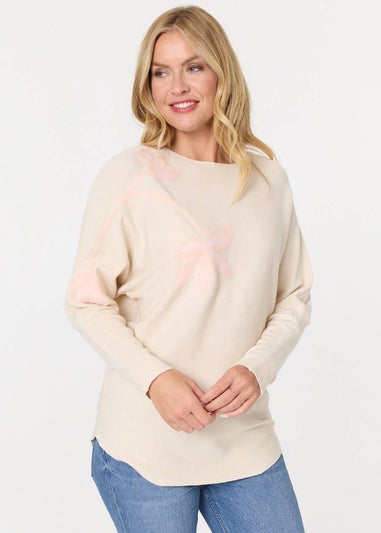 Izabel London Beige Floral Long Batwing Sleeve Relaxed Top