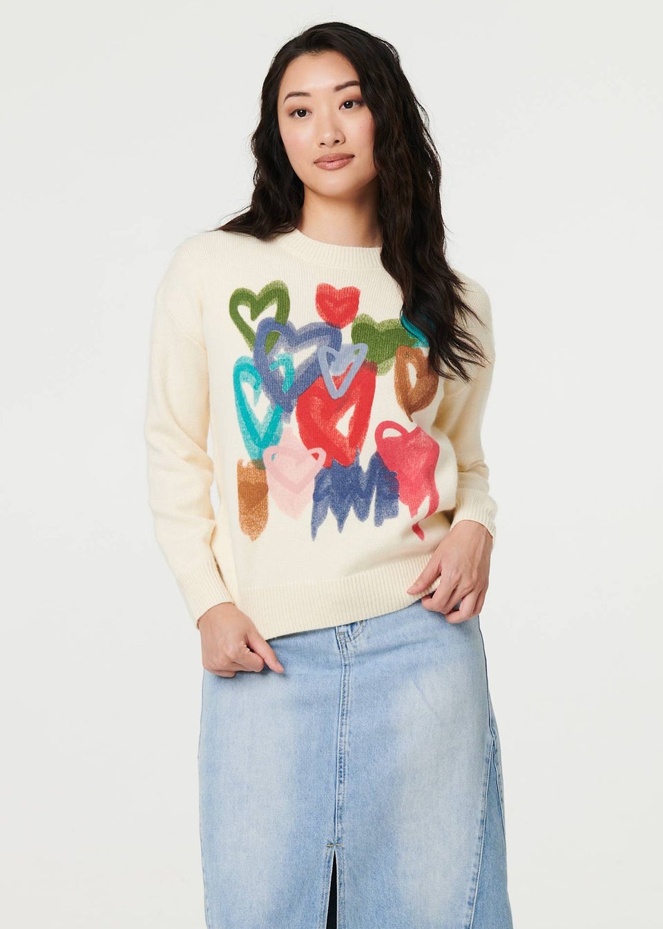 Izabel London Ivory Heart Print Drop Shoulder Jumper