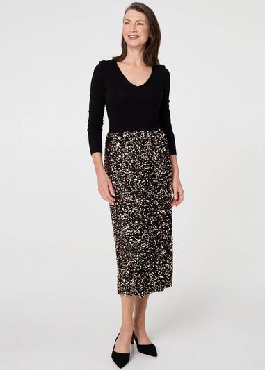 Izabel London Black Sequin Embellished High Waist Midi Skirt