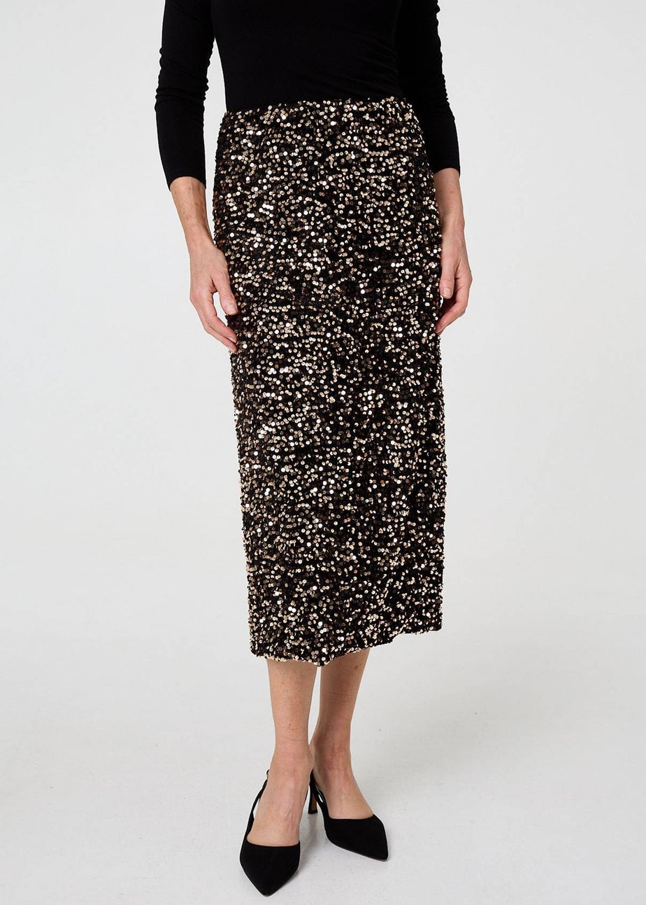 Izabel London Black Sequin Embellished High Waist Midi Skirt