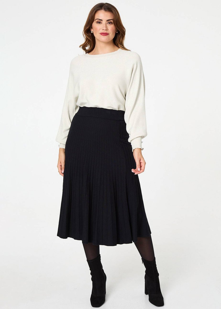 Izabel London Black High Waist Pleated Knit Midi Skirt
