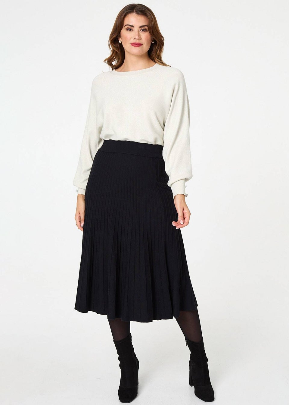 Izabel London Black High Waist Pleated Knit Midi Skirt