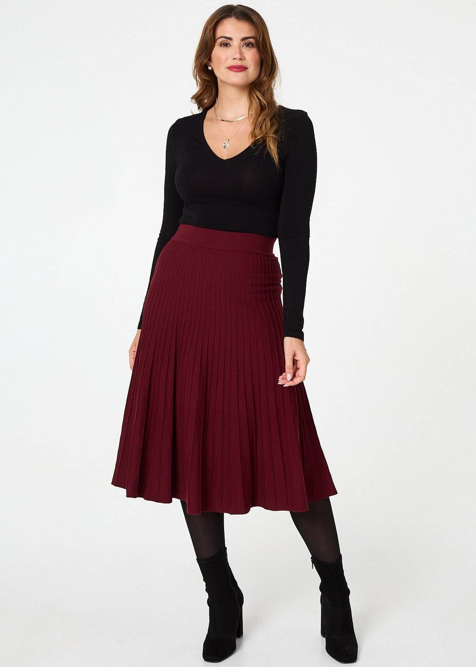 Izabel London Red High Waist Pleated Knit Midi Skirt