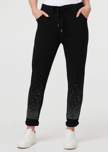 Izabel London Black Diamante Detail Slim Cropped Trousers