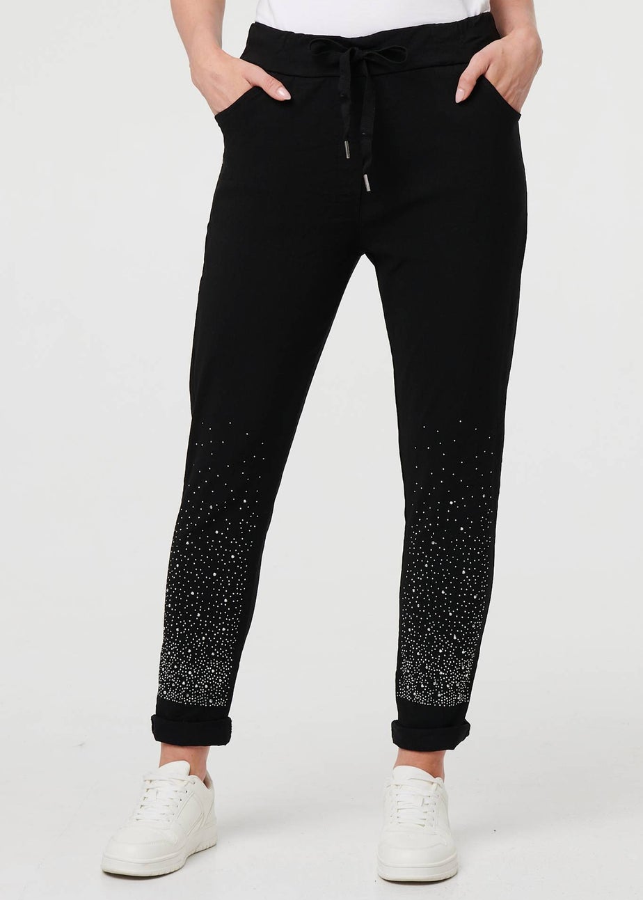 Izabel London Black Diamante Detail Slim Cropped Trousers