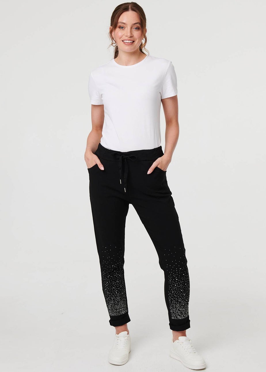 Izabel London Black Diamante Detail Slim Cropped Trousers