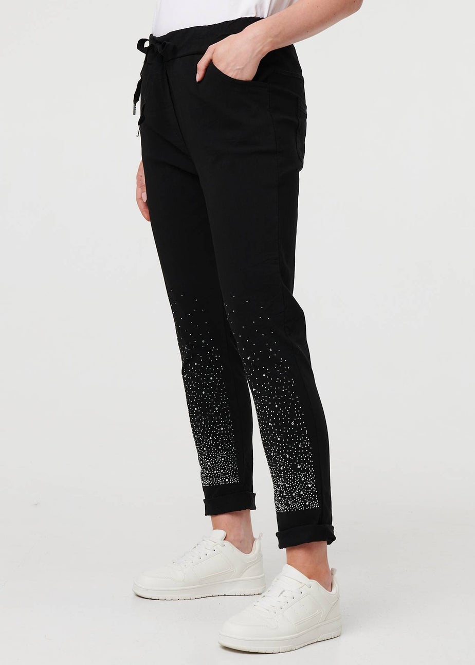 Izabel London Black Diamante Detail Slim Cropped Trousers