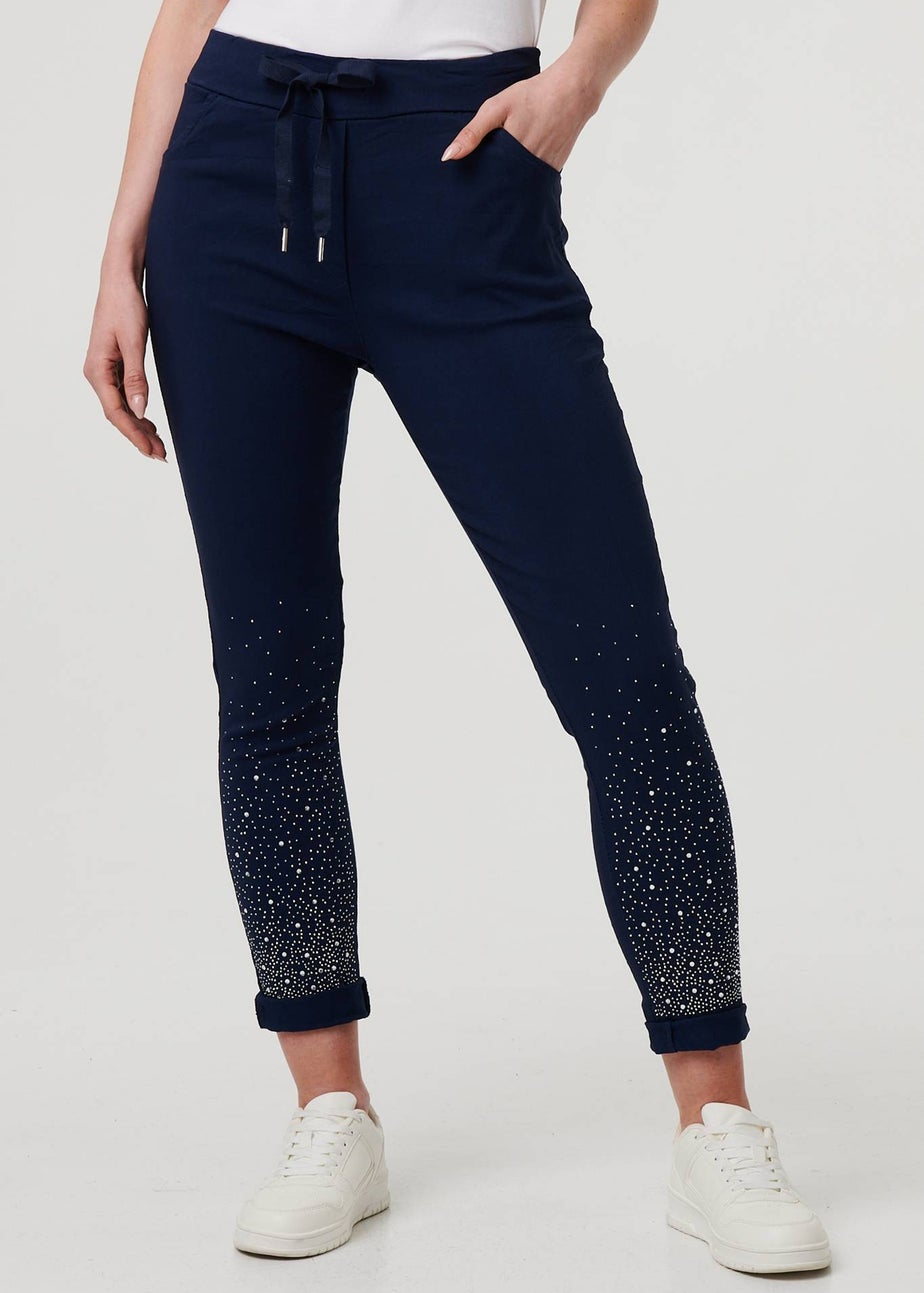 Izabel London Navy Diamante Detail Slim Cropped Trousers