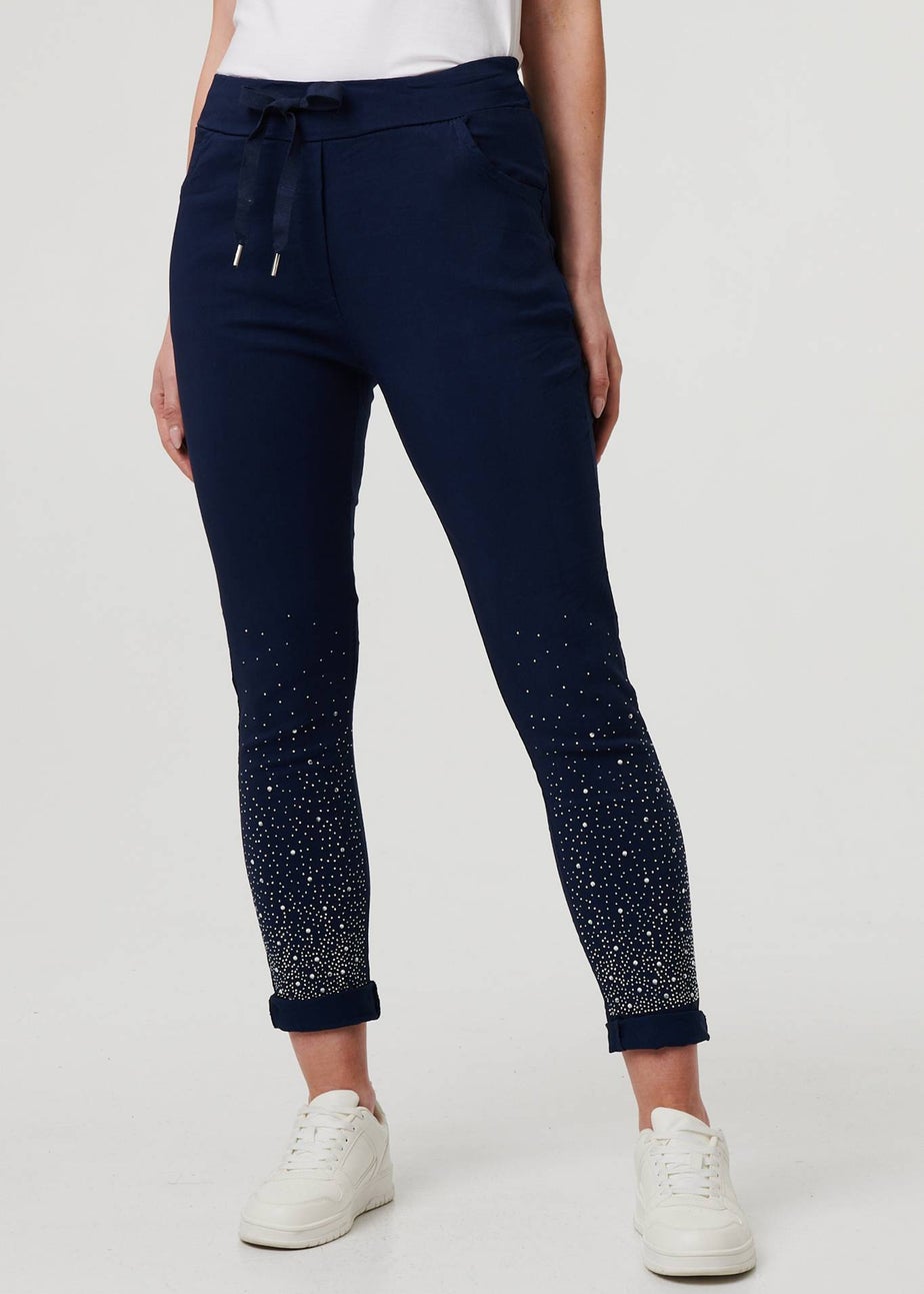 Izabel London Navy Diamante Detail Slim Cropped Trousers