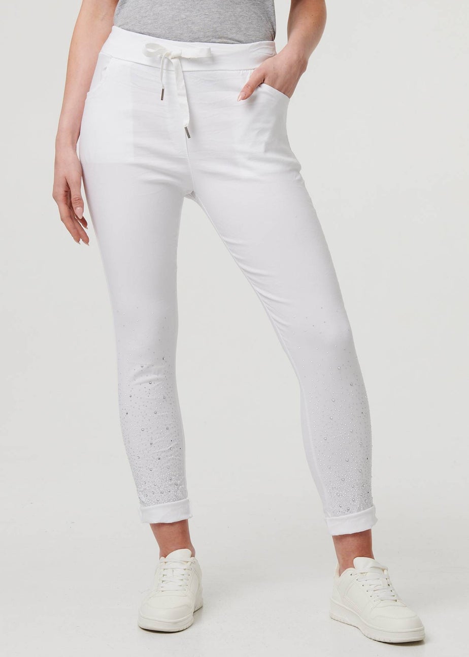 Izabel London White Diamante Detail Slim Cropped Trousers