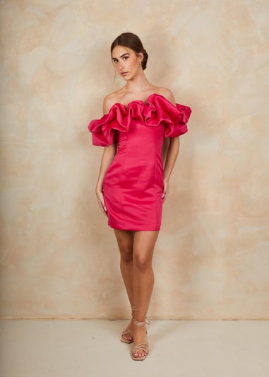 Chi Chi London Pink Ruffle Bardot Satin Mini Dress