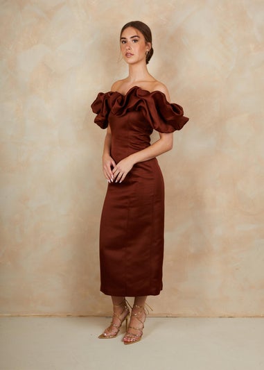 Chi Chi London Brown Ruffle Bardot Satin Midi Dress