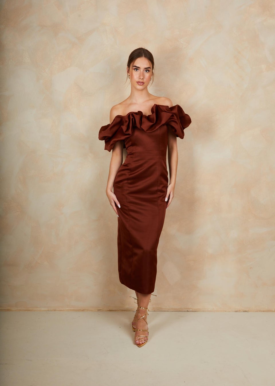 Chi Chi London Brown Ruffle Bardot Satin Midi Dress