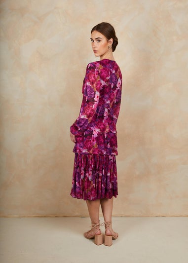 Chi Chi London Purple Long Sleeve Floral Printed Mesh Tiered Midi Dress
