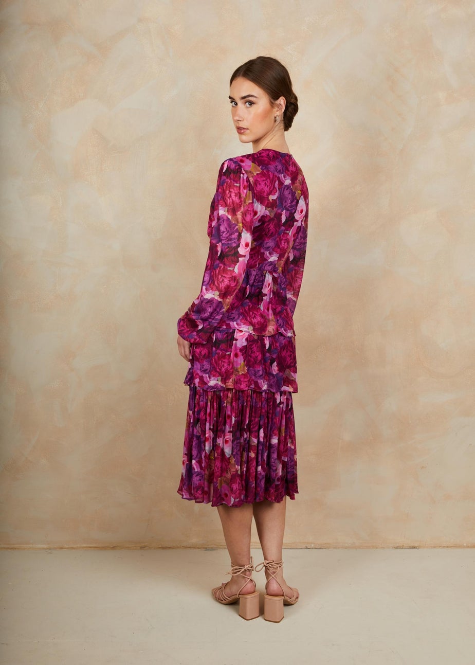 Chi Chi London Purple Long Sleeve Floral Printed Mesh Tiered Midi Dress