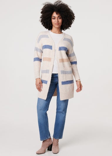 Izabel London Beige Striped V-Neck Longline Relaxed Cardigan