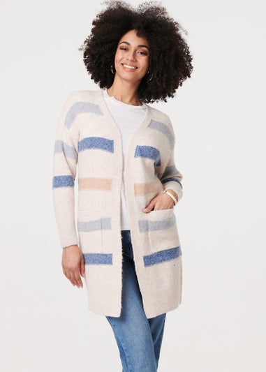 Izabel London Beige Striped V-Neck Longline Relaxed Cardigan