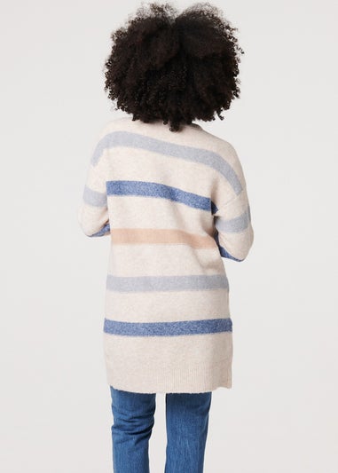 Izabel London Beige Striped V-Neck Longline Relaxed Cardigan