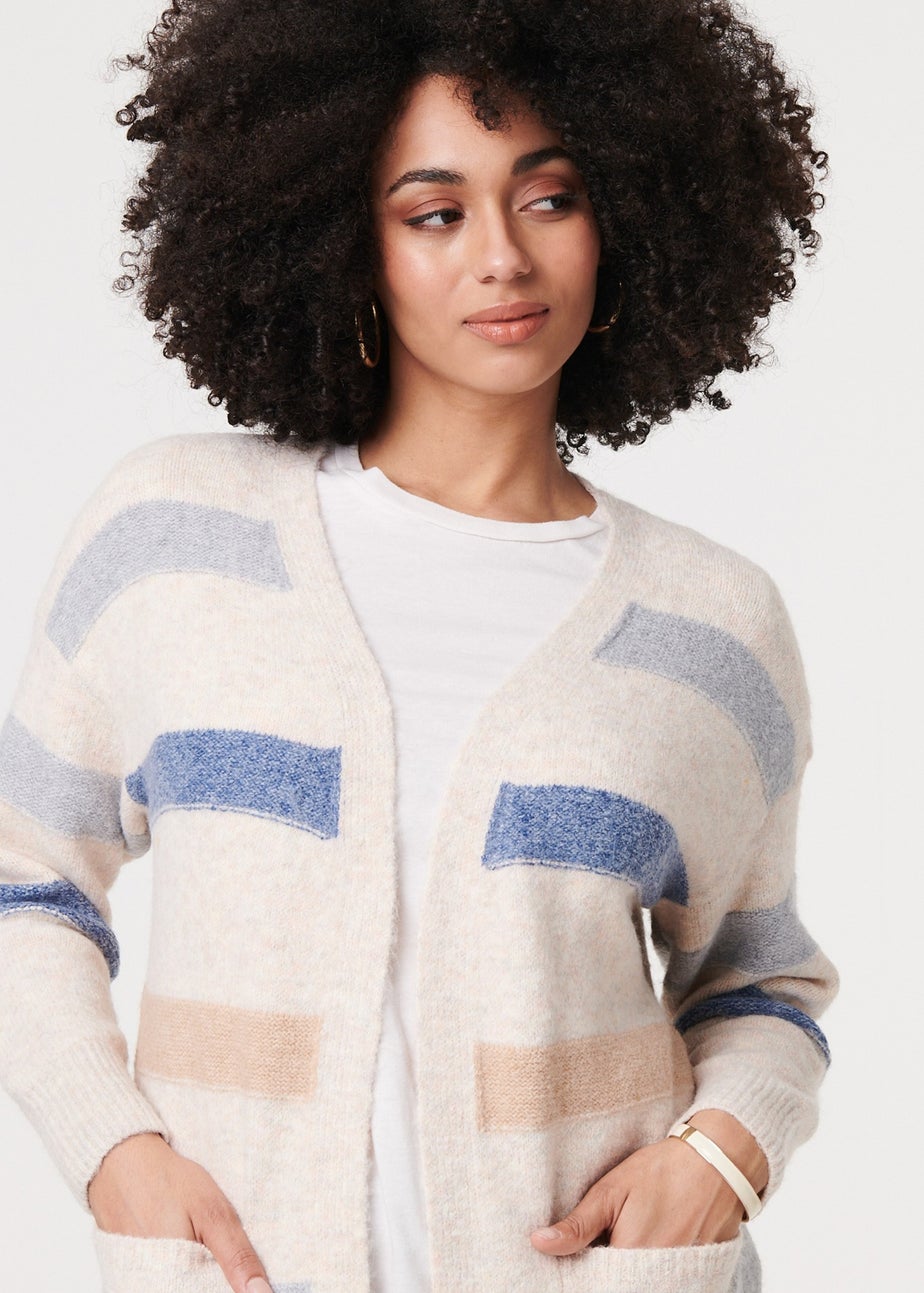 Izabel London Beige Striped V-Neck Longline Relaxed Cardigan