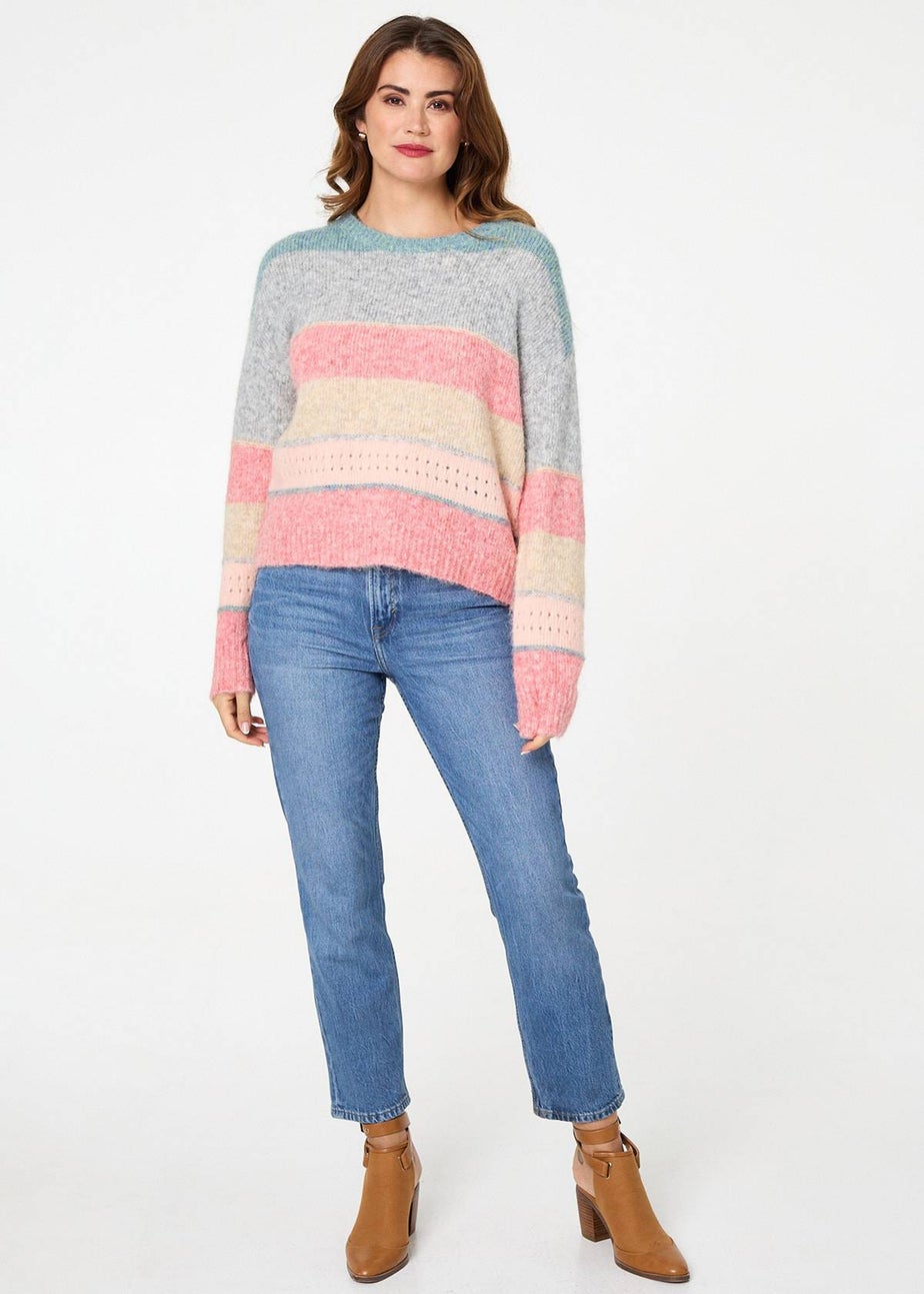 Izabel London Pink Striped Textured Long Sleeve Jumper