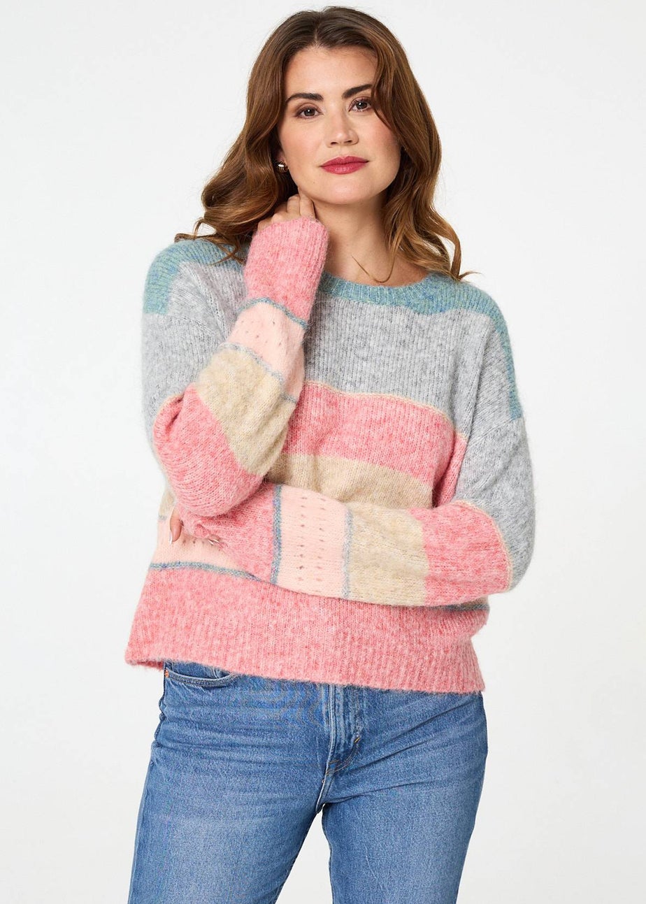 Izabel London Pink Striped Textured Long Sleeve Jumper