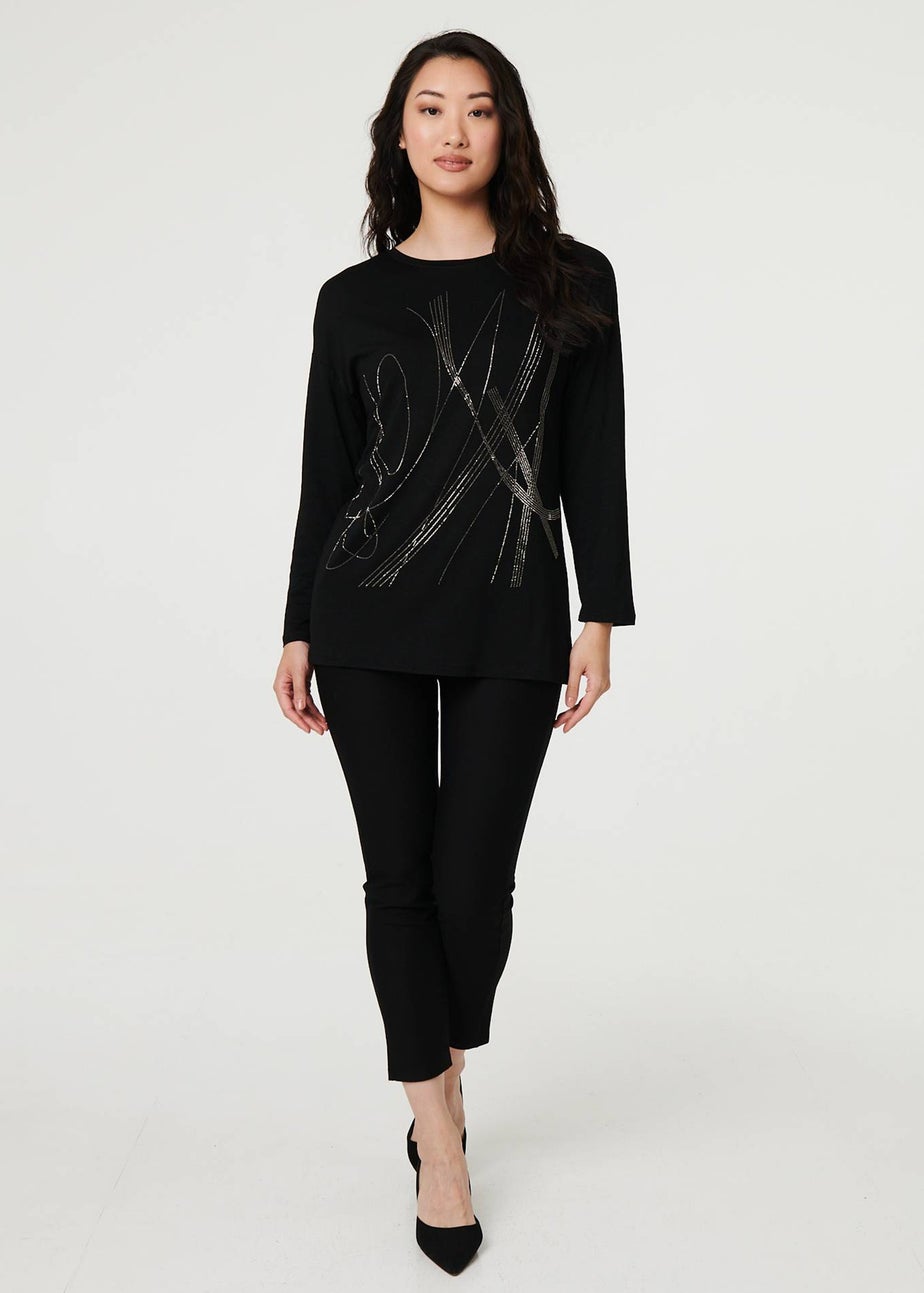 Izabel London Black Abstract Sparkly Long Sleeve Top