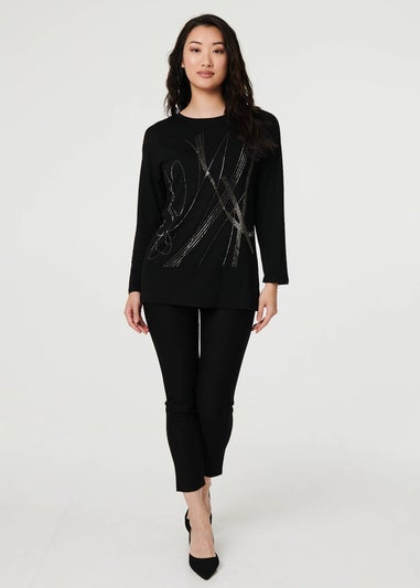 Izabel London Black Abstract Sparkly Long Sleeve Top