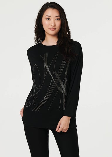 Izabel London Black Abstract Sparkly Long Sleeve Top