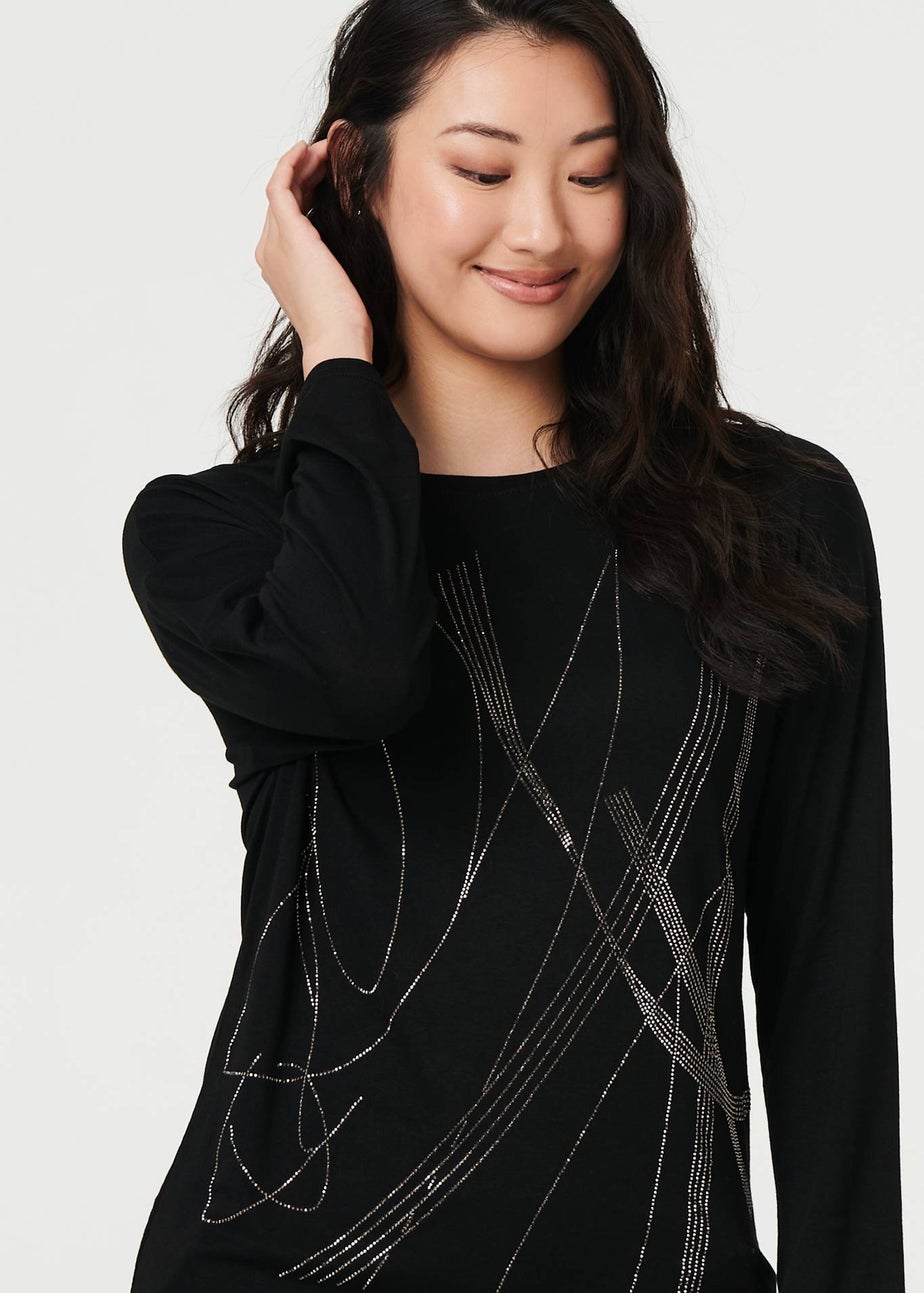 Izabel London Black Abstract Sparkly Long Sleeve Top