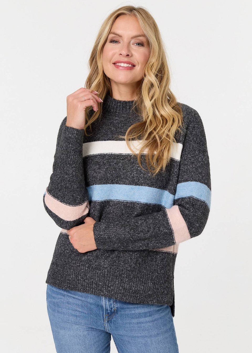 Izabel London Black Striped High Neck Boxy Jumper