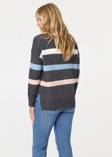 Izabel London Black Striped High Neck Boxy Jumper