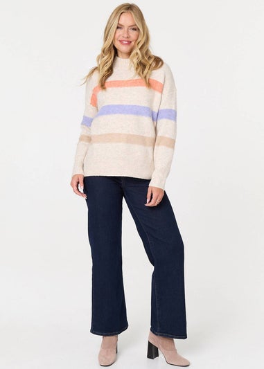 Izabel London Beige Striped High Neck Boxy Jumper