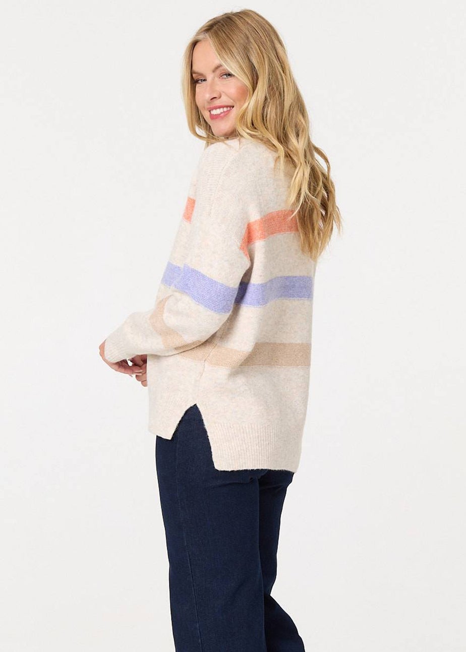 Izabel London Beige Striped High Neck Boxy Jumper