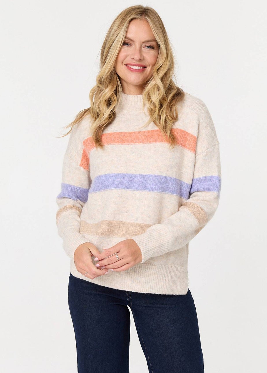 Izabel London Beige Striped High Neck Boxy Jumper