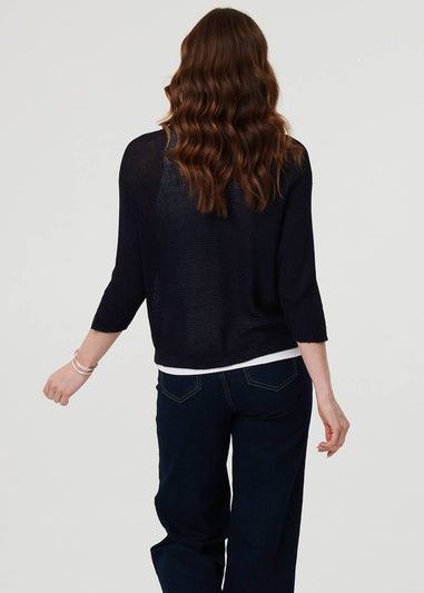Izabel London Navy Mesh Cropped 3/4 Sleeve Open Cardigan