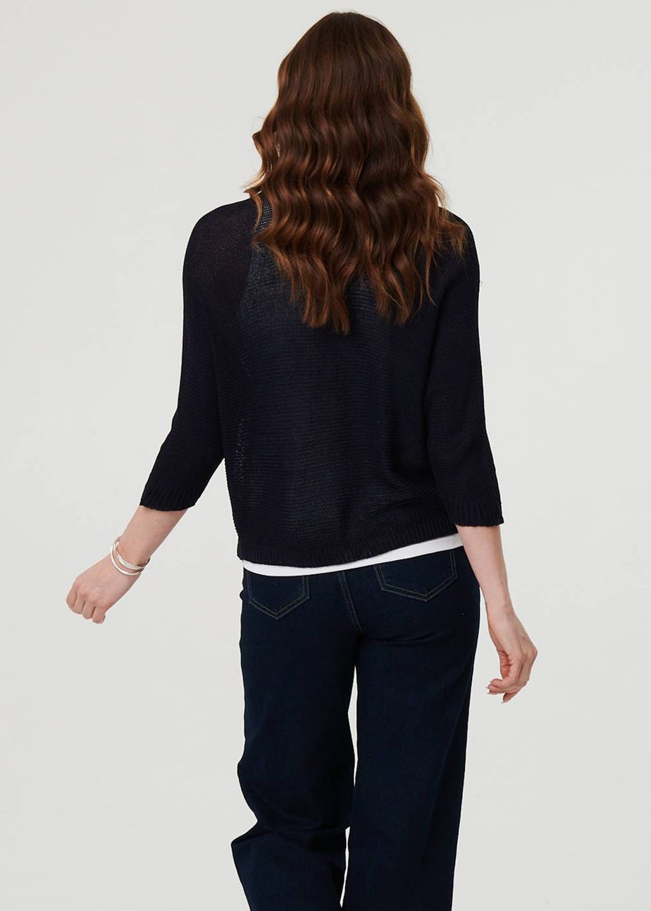 Izabel London Navy Mesh Cropped 3/4 Sleeve Open Cardigan