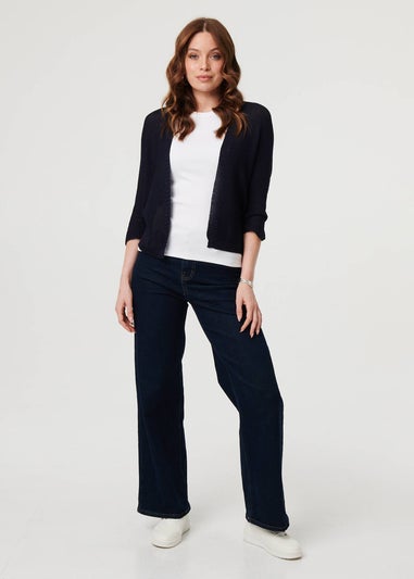 Izabel London Navy Mesh Cropped 3/4 Sleeve Open Cardigan
