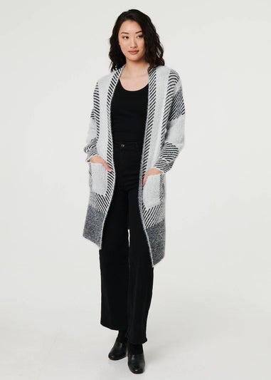 Izabel London White Striped Longline Relaxed Cardigan