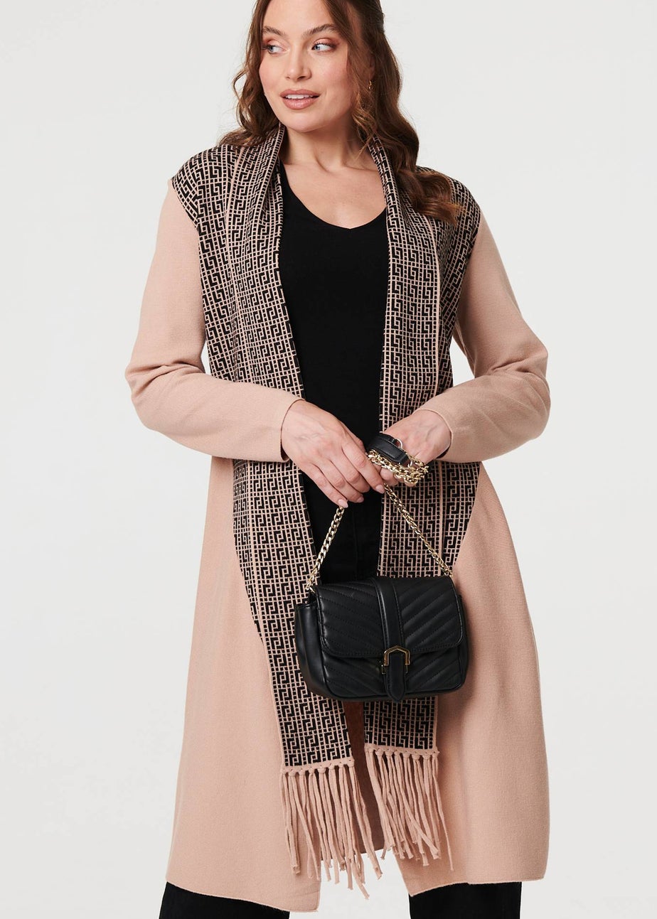 Izabel London Beige Printed Fringed Scarf Detail Long Jacket