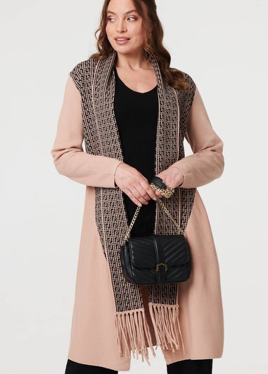 Izabel London Beige Printed Fringed Scarf Detail Long Jacket