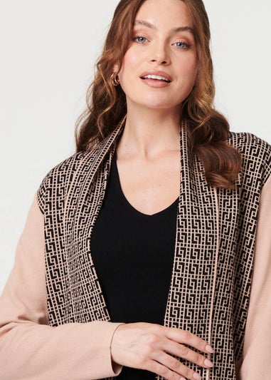 Izabel London Beige Printed Fringed Scarf Detail Long Jacket