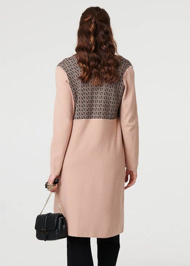 Izabel London Beige Printed Fringed Scarf Detail Long Jacket