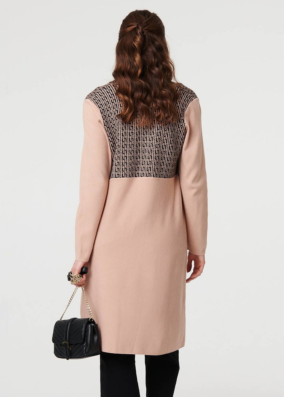 Izabel London Beige Printed Fringed Scarf Detail Long Jacket