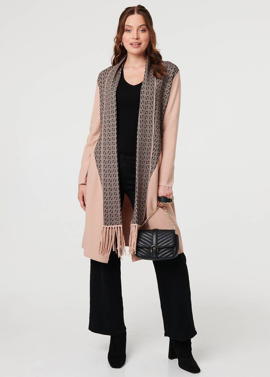 Izabel London Beige Printed Fringed Scarf Detail Long Jacket