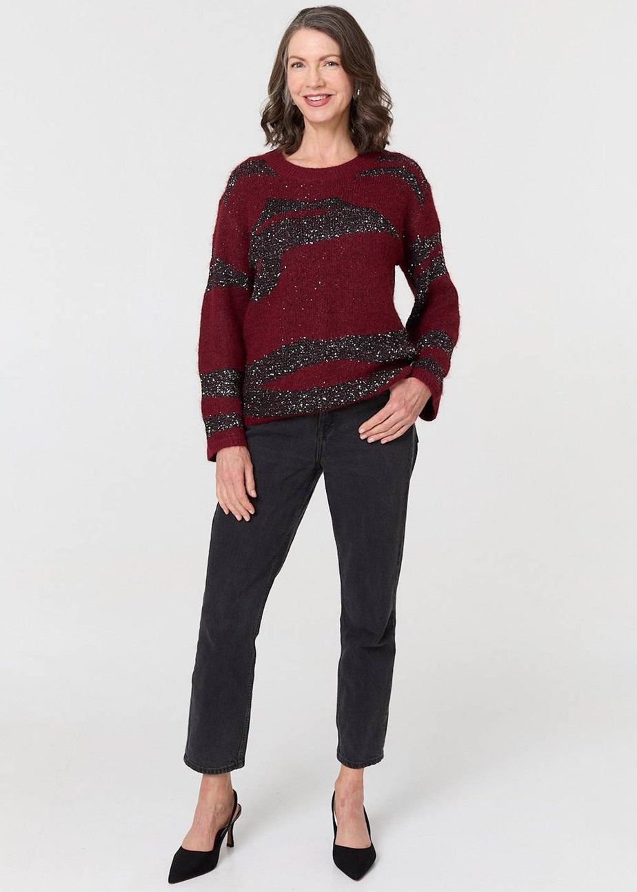 Izabel London Burgundy Metallic Sparkly Animal Print Jumper