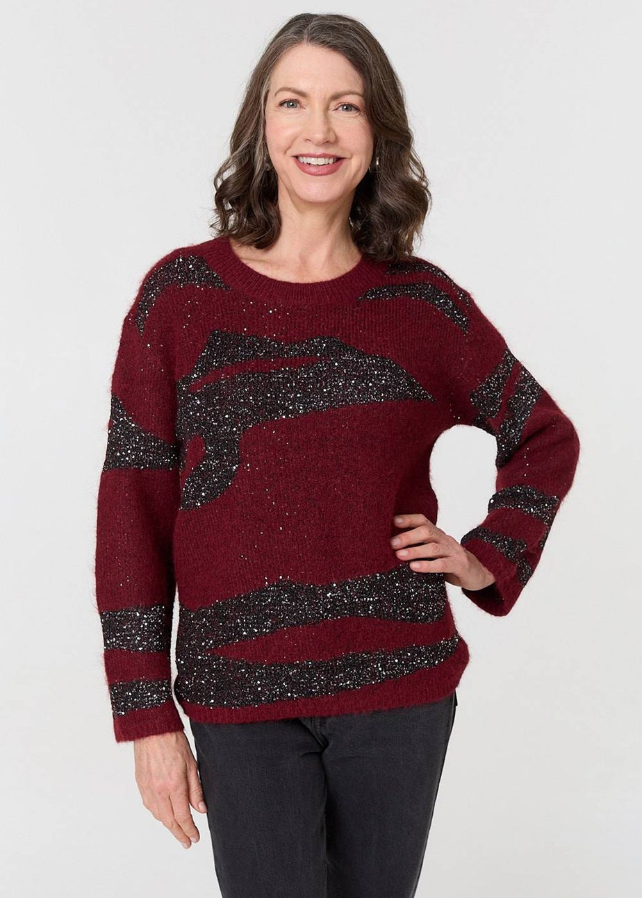 Izabel London Burgundy Metallic Sparkly Animal Print Jumper